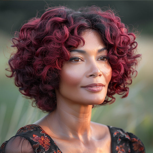 Soul Lady T1B/99J Ombre Dark Burgundy Loose Curly Bob Short Human Hair Glueless Wigs For Mature Women