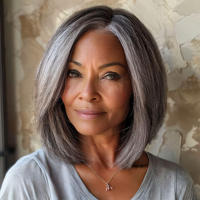 Soul Lady Silver Grey Straight Blunt Cut Bob For Seniors Real Human Hair Salt And Pepper 5x5 HD Lace Wigs For Women Over 50