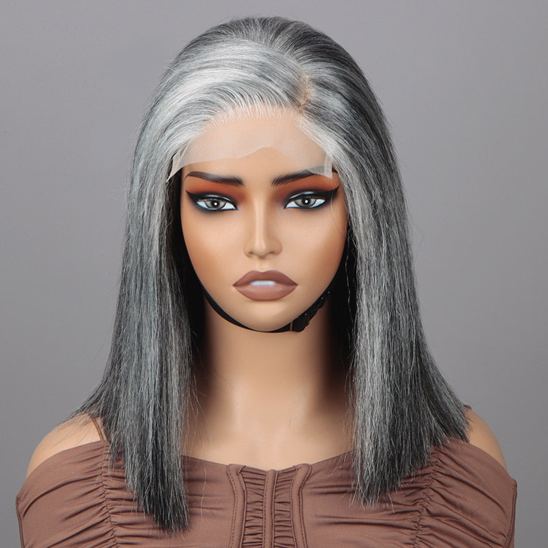 Soul Lady Salt And Pepper Wig For Seniors Straight Bob More Grey Real Human Hair 5x5 HD Lace Wigs For Women Over 50-front show
