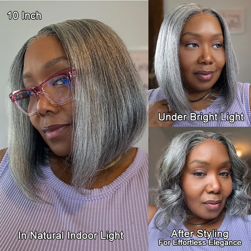 Soul Lady Chic Silver Gray Straight Bob Salt and Pepper Real Human Hair Glueless Lace Wigs For Seniors-model moni loose wave hairstyle