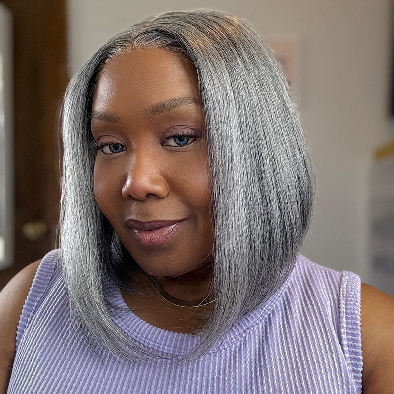 Soul Lady Chic Silver Gray Straight Bob Salt and Pepper Real Human Hair Glueless Lace Wigs For Seniors-model moni