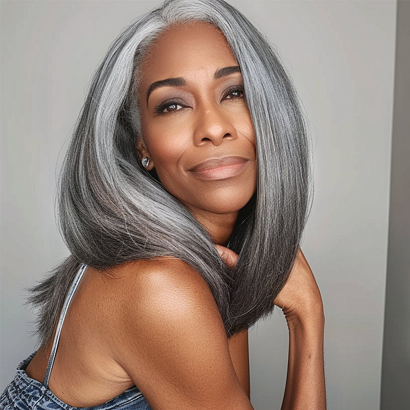 Soul Lady Mid-Length Salt And Pepper Wig Straight Human Hair 5x5 HD Lace Wigs For Polished Women Over 50