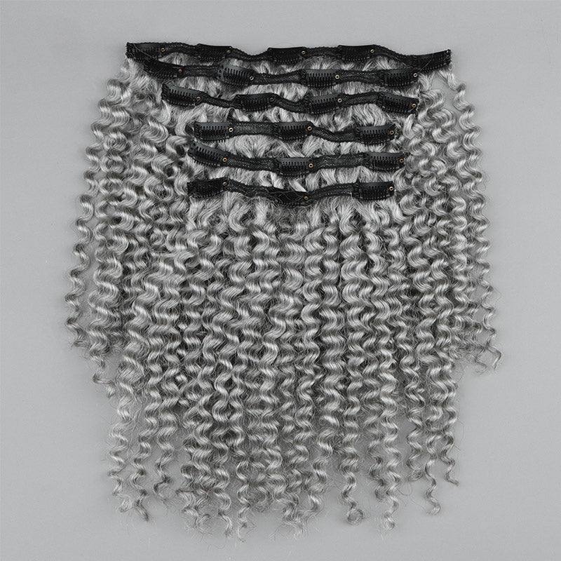 Soul Lady Stunning Silver Gray Jerry Curly Human Hair Clip In Hair Extensions 6 Pieces/Set Light Salt And Pepper Color