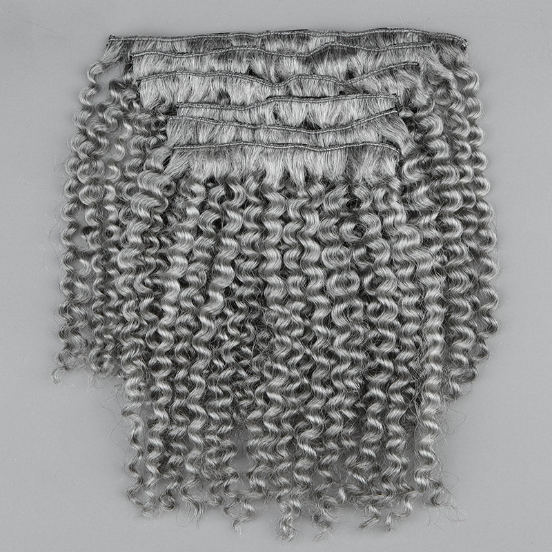 Soul Lady Stunning Silver Gray Jerry Curly Human Hair Clip In Hair Extensions 6 Pieces/Set Light Salt And Pepper Color-hair weft show