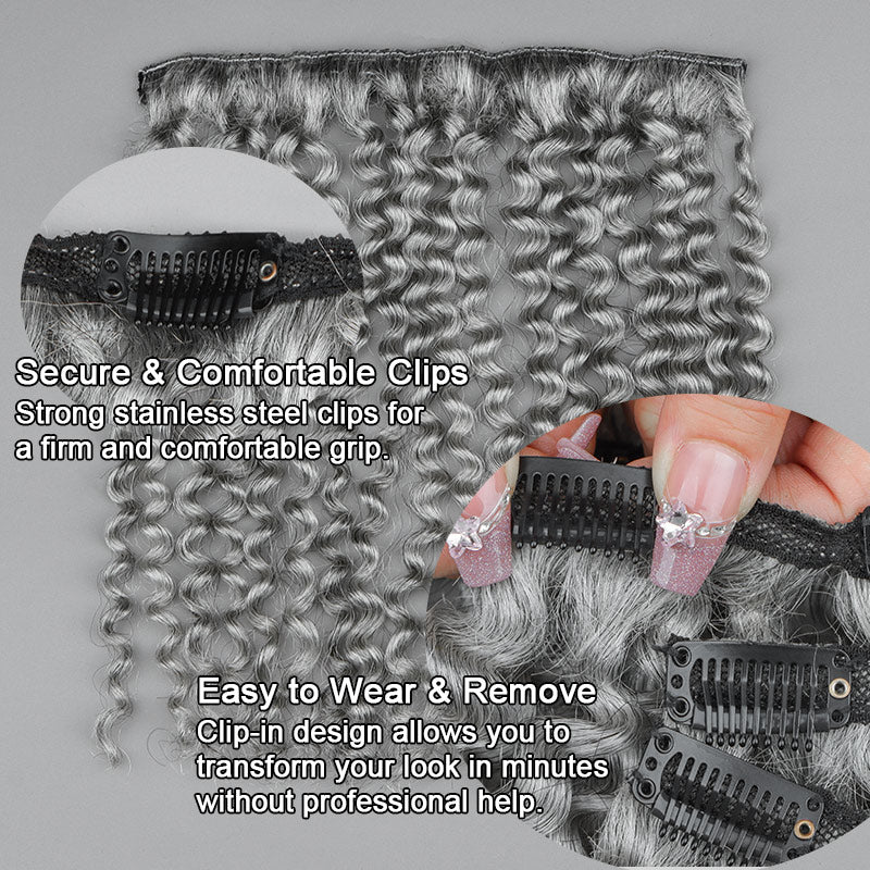 Soul Lady Stunning Silver Gray Jerry Curly Human Hair Clip In Hair Extensions 6 Pieces/Set Light Salt And Pepper Color-sceurity