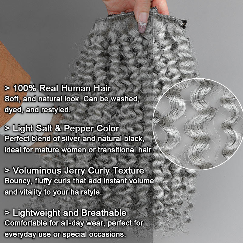 Soul Lady Stunning Silver Gray Jerry Curly Human Hair Clip In Hair Extensions 6 Pieces/Set Light Salt And Pepper Color-clip-in hair features