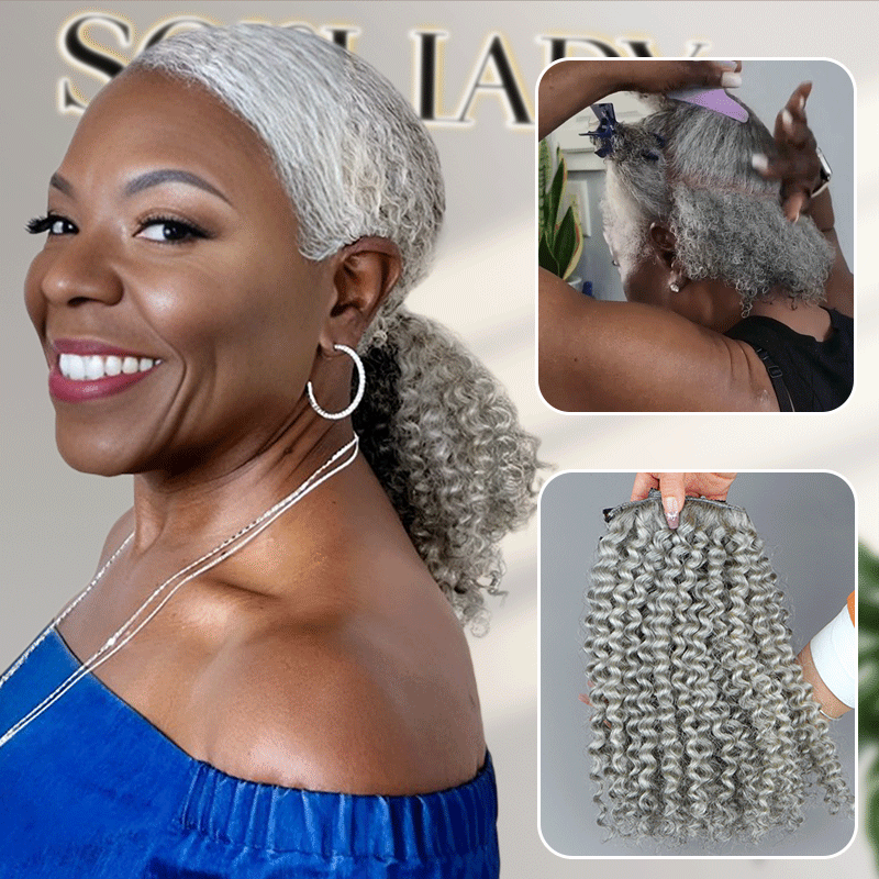 Soul lady wigs | Silver gray salt and pepper clip-in ponytail for older women, 14 inch jerry curly human hair extension, natural look hairstyle worn by mature model Angel Cornelius