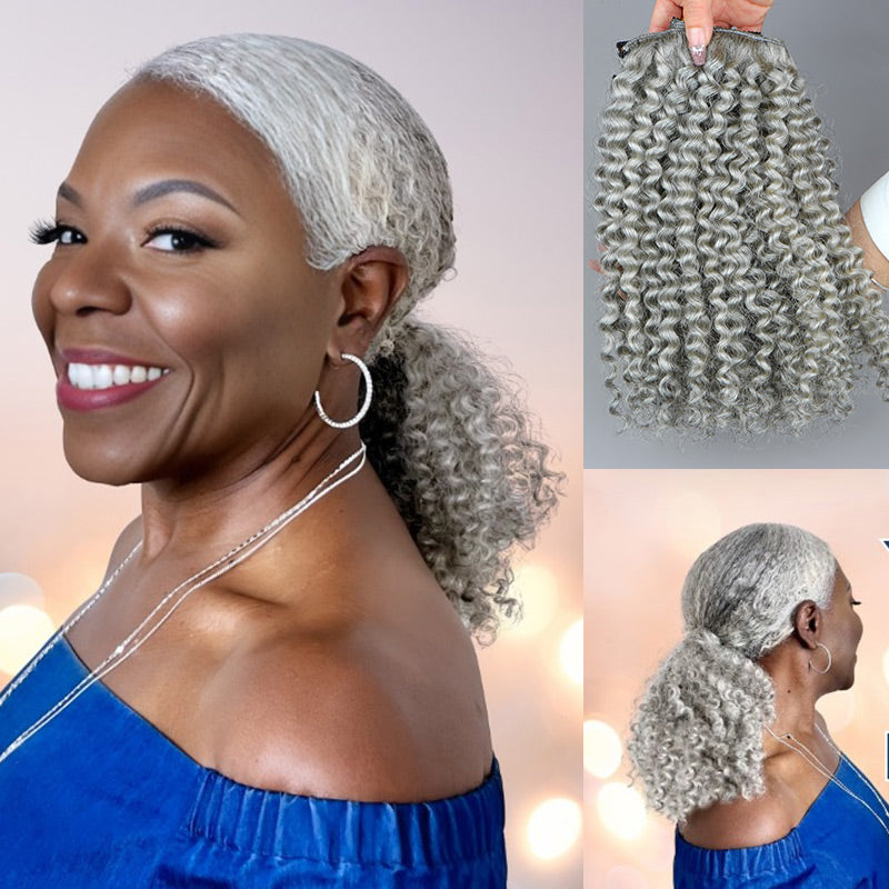 Soul lady wigs | Silver gray salt and pepper clip-in ponytail for older women, 14 inch jerry curly human hair extension, natural look hairstyle worn by mature model Angel Cornelius