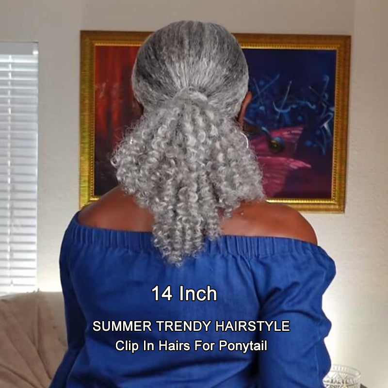Stunning Silver Gray Jerry Curly Human Hair Clip In Hair Extensions 6 Pieces/Set Light Salt And Pepper Color-for ponytail
