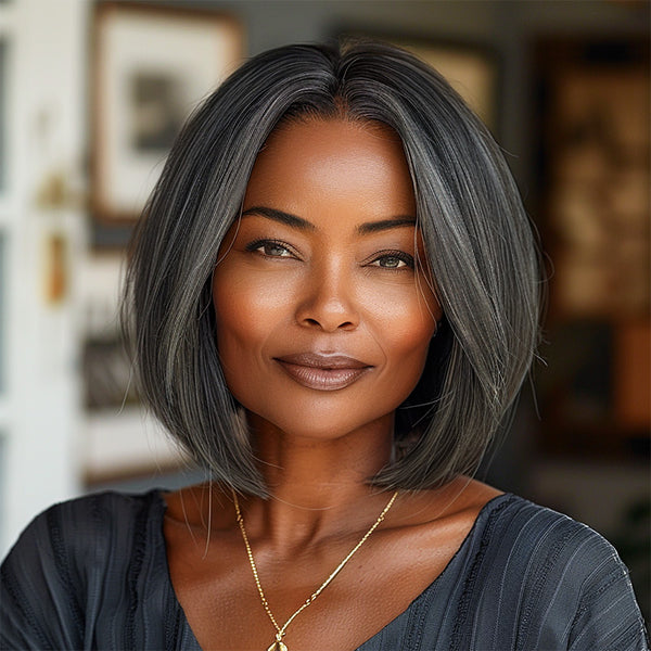 Soul Lady Classic Women's Hairstyle Salt and Pepper Straight Bob Real Human Hair Wear Go Glueless Lace Wigs For Mom-medium salt and pepper color wig