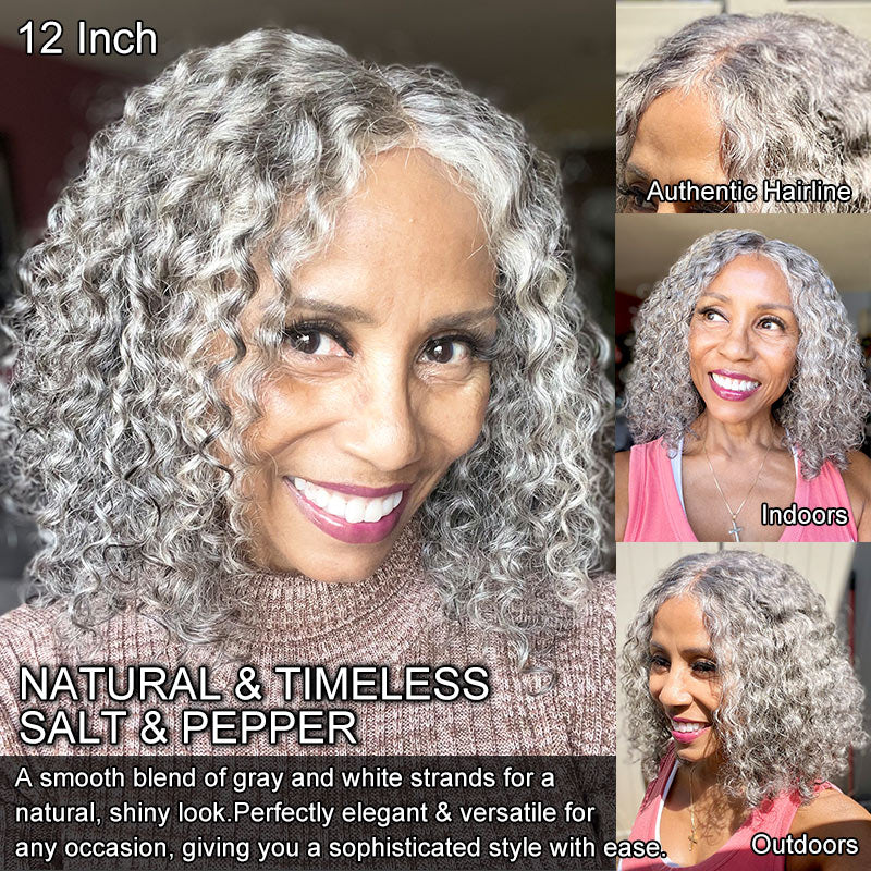 Soul lady wigs Stylish Salt And Pepper Wig Water Wave Human Hair Throw On & Go 5x5 HD Lace Bob Wigs-model with yoshib-all pictures show