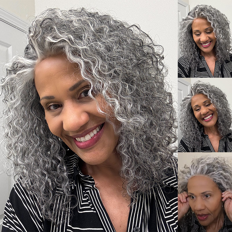 Soul lady Wigs - US DOMESTIC SHIPPING | Stylish Salt And Pepper Wig Water Wave Human Hair Throw On & Go 5x5 HD Lace Bob Wigs for older women over 50 | MyMatureStyle