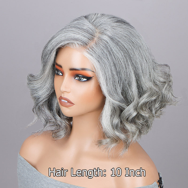 Soul lady wigs Silver Gray Loose Wavy Bob For Seniors Real Salt & Pepper Human Hair 5x5 HD Lace Wigs For Women over 60-side show