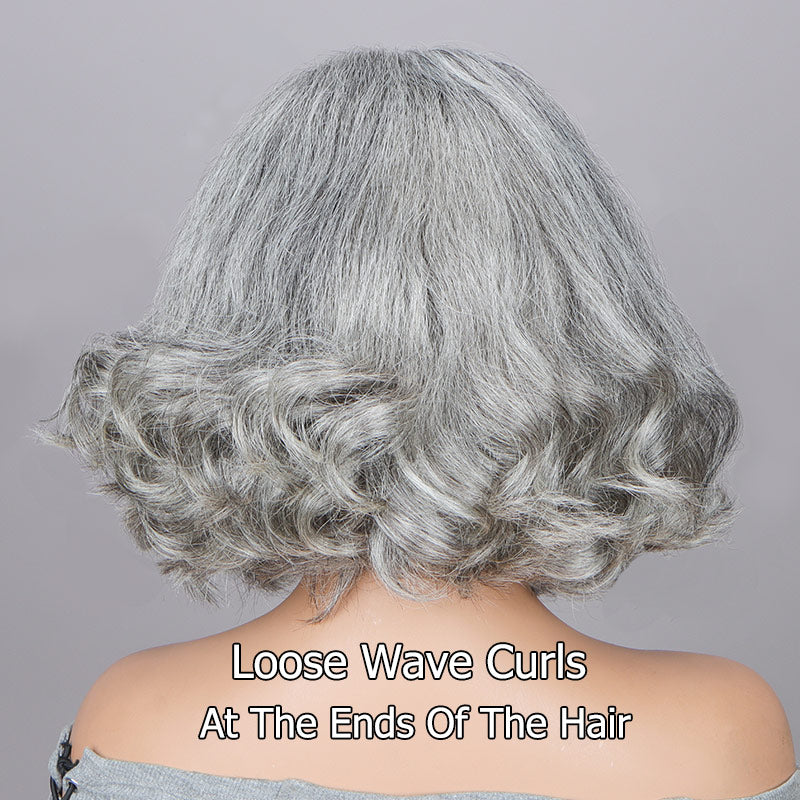 Soul lady wigs Silver Gray Loose Wavy Bob For Seniors Real Salt & Pepper Human Hair 5x5 HD Lace Wigs For Women over 60-back show