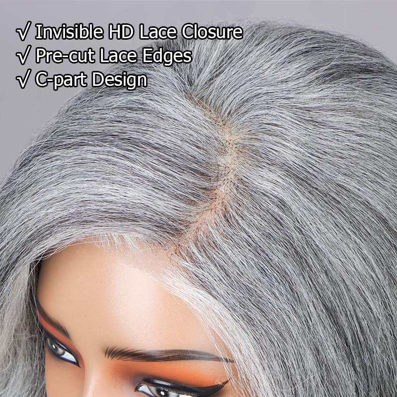 Soul lady wigs Silver Gray Loose Wavy Bob For Seniors Real Salt & Pepper Human Hair 5x5 HD Lace Wigs For Women over 60-lace closure show