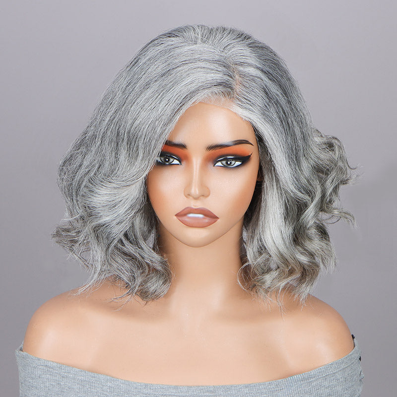 Soul lady wigs Silver Gray Loose Wavy Bob For Seniors Real Salt & Pepper Human Hair 5x5 HD Lace Wigs For Women over 60