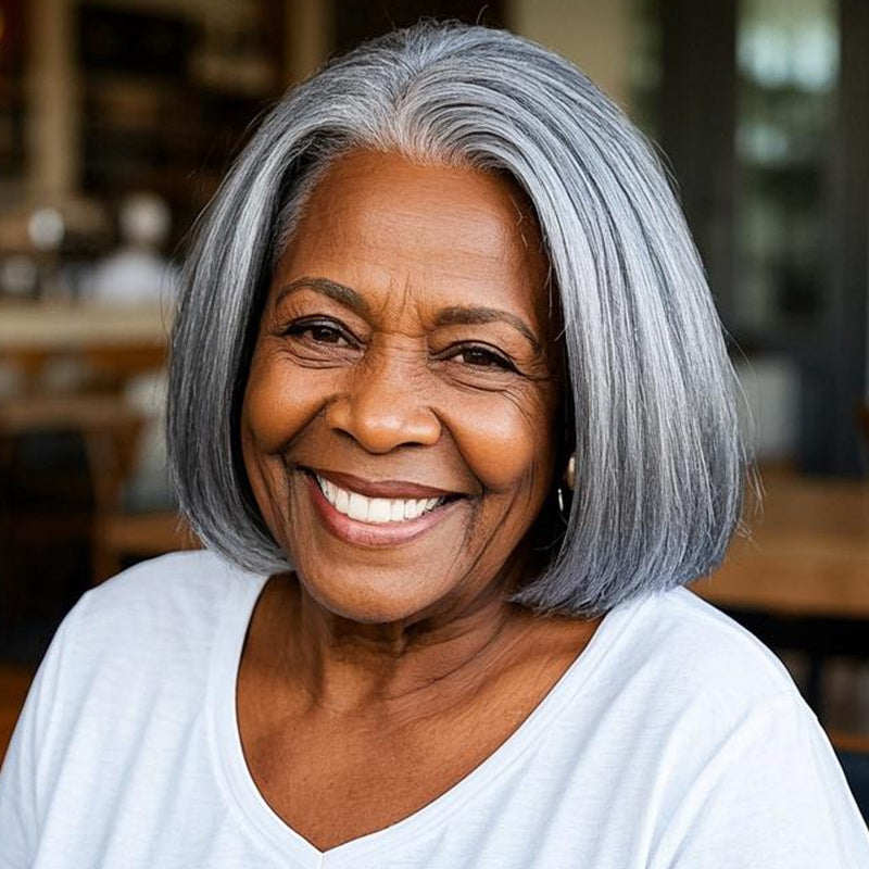 Soul Lady Classic Women's Hairstyle Salt And Pepper Straight Bob Real Human Hair WearGo Glueless Lace Wigs For Mom over 60 