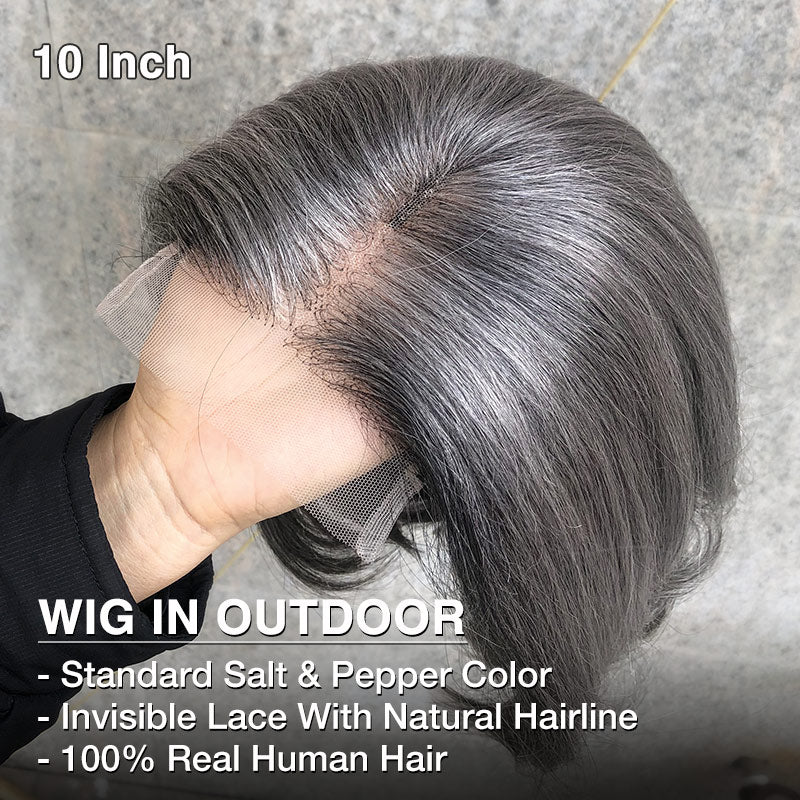 Soul Lady Classic Hairstyle Salt And Pepper Straight Bob For Elegant Seniors Real Human Hair WearGo Glueless Lace Wigs For Mom, 5x5 hd lace closure bob wig for older women over 50