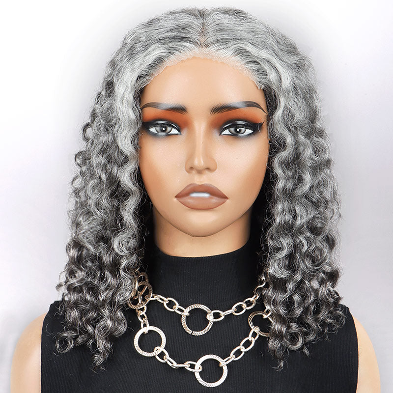 Soul Lady Seniors Salt And Pepper Wig Water Wave More Grey Human Hair 5x5 HD Lace Bob Wigs-front show