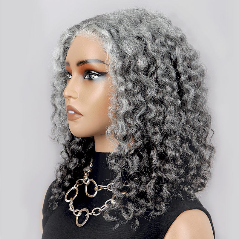 Soul Lady Seniors Salt And Pepper Wig Water Wave More Grey Human Hair 5x5 HD Lace Bob Wigs