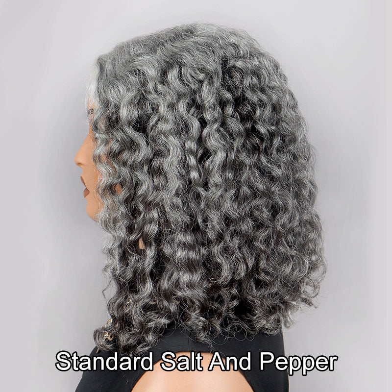 Soul Lady Seniors Salt And Pepper Wig Water Wave More Grey Human Hair 5x5 HD Lace Bob Wigs-side show