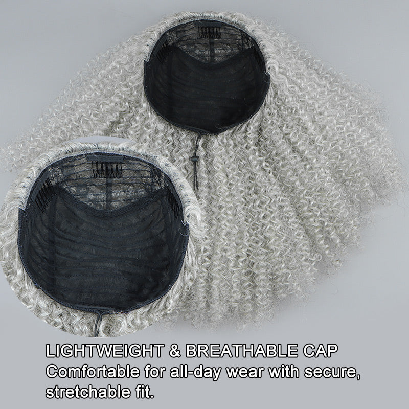Soul Lady Easy Wear Afro Curly Human Hair Half Wig Light Salt And Pepper With Drawstring & Clips For Women-Beginner-friendly half wig-lightweight and breathable cap show