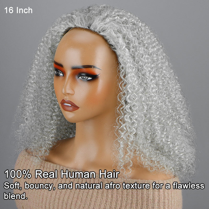 Soul Lady Easy Wear Afro Curly Human Hair Half Wig Light Salt And Pepper With Drawstring & Clips For Women-side wig show