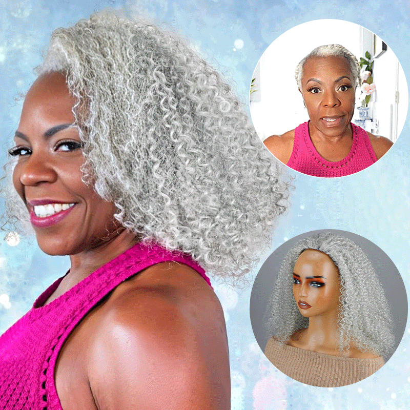 Soul lady wigs | Easy Wear Afro Curly Human Hair Half Wig Light Salt And Pepper Gray Wig With Drawstring & Clips-Angel Cornelius