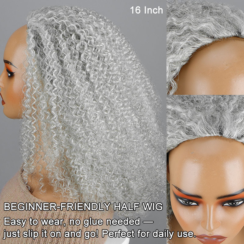 Soul Lady Easy Wear Afro Curly Human Hair Half Wig Light Salt And Pepper With Drawstring & Clips For Women-Beginner-friendly half wig