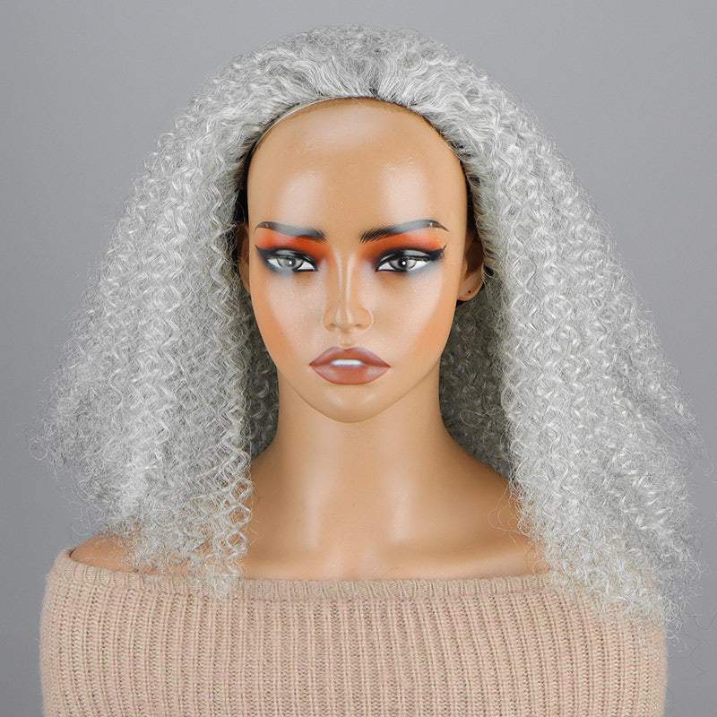 Soul Lady Easy Wear Afro Curly Human Hair Half Wig Light Salt And Pepper With Drawstring & Clips For Women