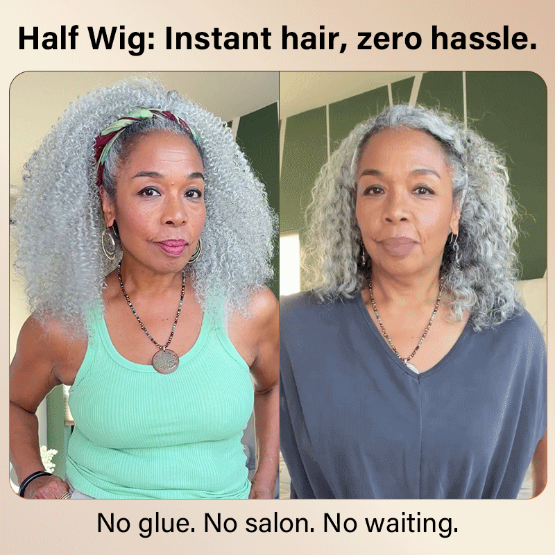 Soul lady wigs | Easy Wear Afro Curly Human Hair Half Wig Light Salt And Pepper Gray Wig With Drawstring & Clips-real model-view-display-flygrannybk