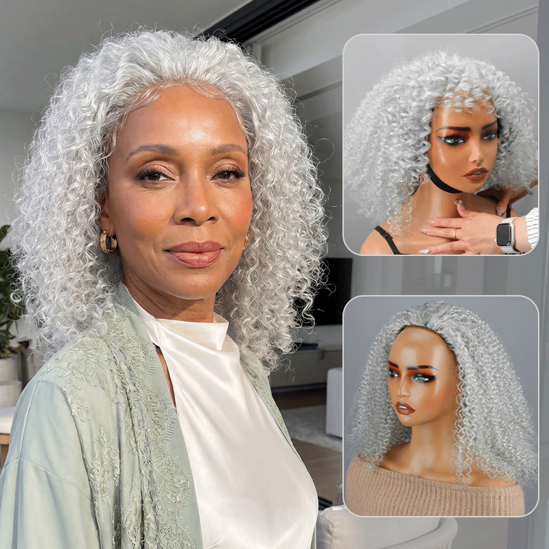 Soul lady wigs | Easy Wear Afro Curly Human Hair Half Wig Light Salt And Pepper Gray Wig With Drawstring & Clips-real wig-view-display