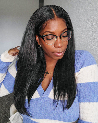 Soul Lady Wigs dark salt and pepper straight human hair 13x4 lace frontal wig, featuring natural gray-black tones and realistic hairline.