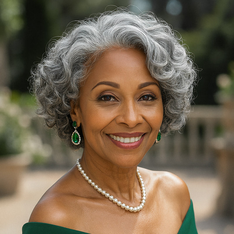 Soul Lady standard Salt & Pepper Wig Loose Curly Bob Silver Gray Human Hair Glueless Wigs for older women over 50- wear to go wig for fashion old lady- 8 INCH short curly wig