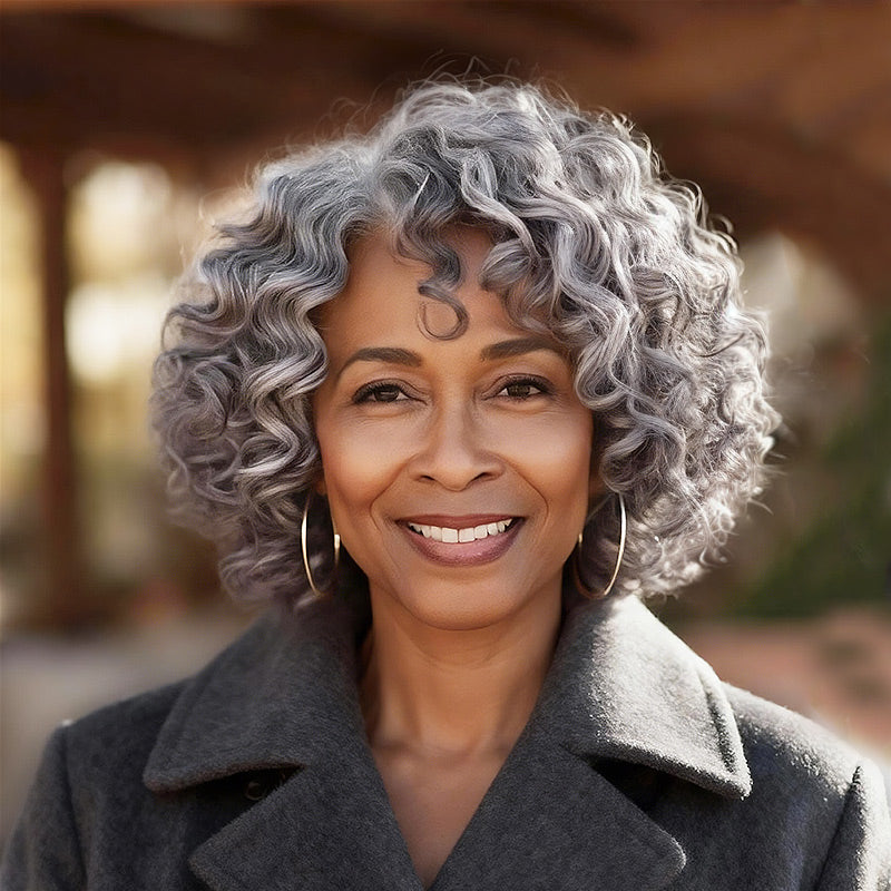 Soul Lady standard Salt & Pepper Wig Loose Curly Bob Silver Gray Human Hair Glueless Wigs for older women over 50- wear to go wig for fashion old lady