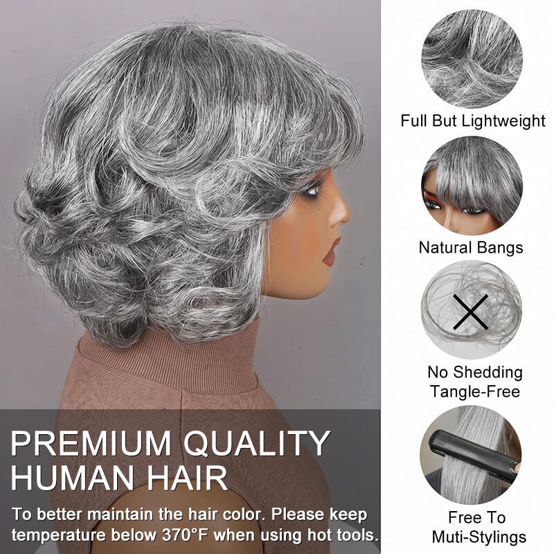 Salt and Pepper Bob Wig with Bangs Natural Wavy Human Hair 
