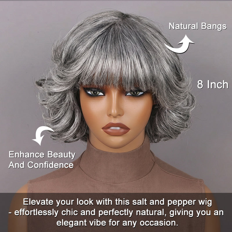 Salt and Pepper Bob Wig with Bangs Natural Wavy Human Hair  display picture 1