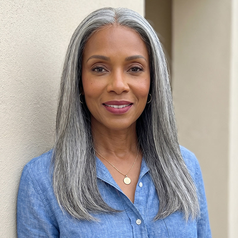 Gray Clip in Hair Extensions Salt and Pepper Straight Tape in