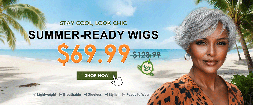 Soul Lady Wigs summer sale banner featuring a salt and pepper pixie cut gray human hair wig – summer-ready new wig for mature women-1920x800