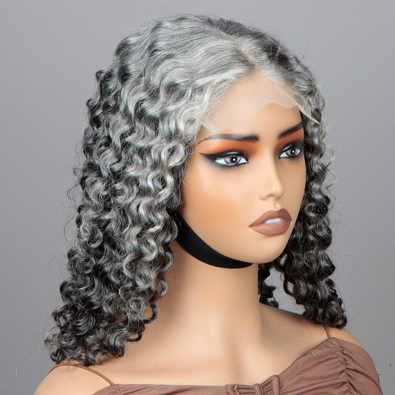 Soul Lady Seniors Salt And Pepper Wig Water Wave More Grey Human Hair 5x5 HD Lace Bob Wigs-side front show