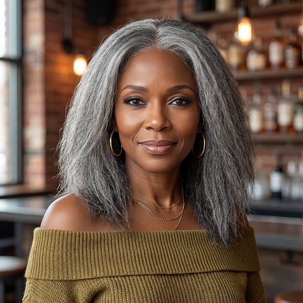 Soul Lady Wigs Kinky Straight Gray Bob Salt & Pepper Human Hair 5x5 HD Lace Wigs For Women。fashion Woman with gray hair wearing a green sweater in a bar setting