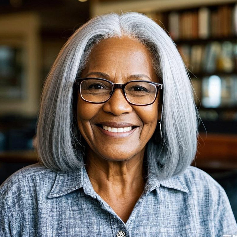 Soul Lady Wigs | Seniors yaki Kinky Straight Gray Bob Salt And Pepper Human Hair 5x5 HD Lace Wigs For Older Women over 50
