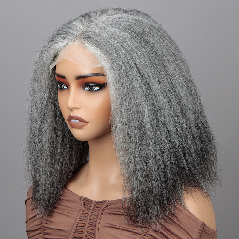 Soul Lady Salt And Pepper Wig For Seniors Yaki Straight Bob More Grey Human Hair 5x5 HD Lace Wigs For Women
