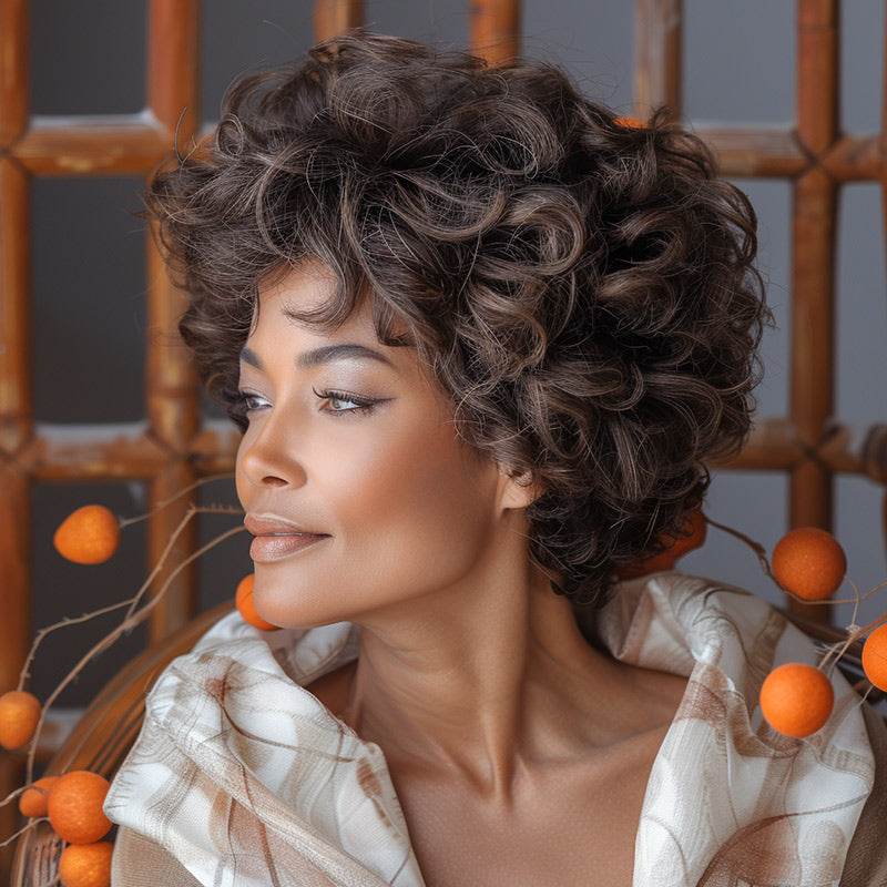 Soul Lady #2 Dark Brown Pixie Wig Short Big Curly Human Hair Wear To Go Glueless Wigs For Women