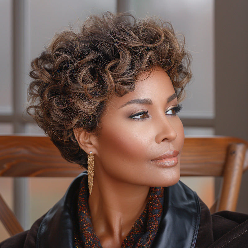 Soul Lady P4/30 Brown Highlighted Pixie Wig Big Curly Human Hair Wear To Go Glueless Wigs For Women