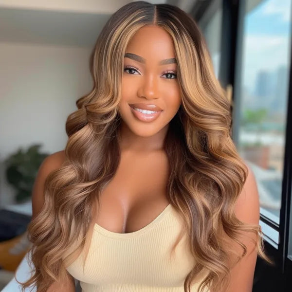 Brown wig with highlights hot sale