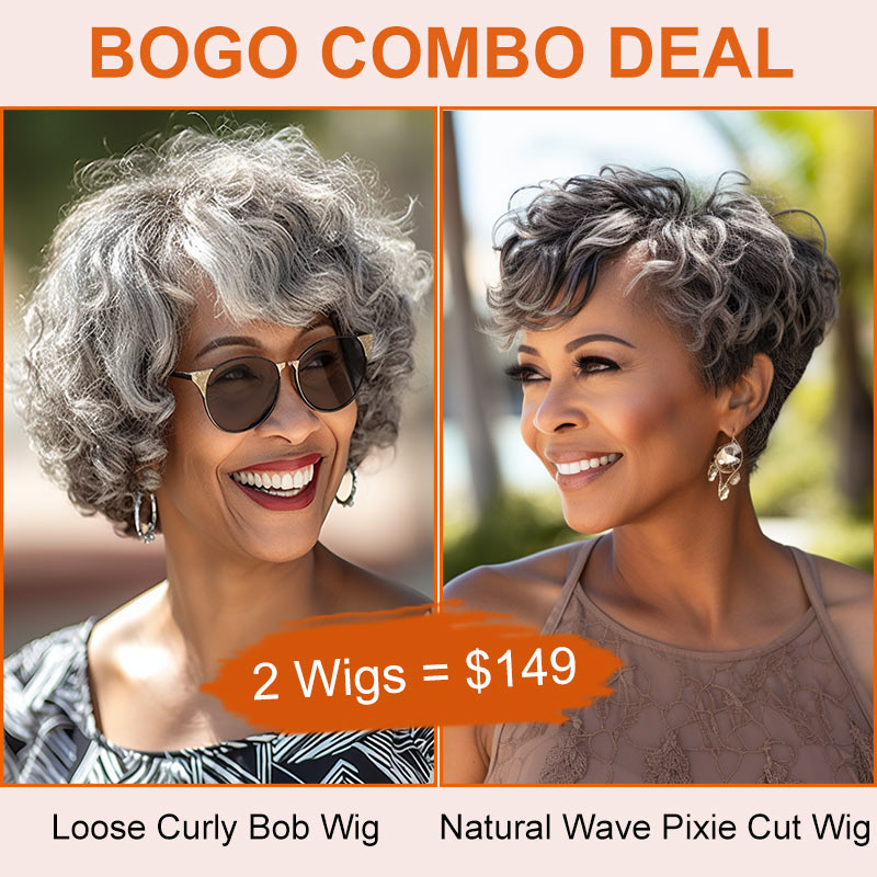 BOGO Combo Deal | Salt & Pepper Color Short Glueless Human Hair Wigs For Seniors Flash Sale