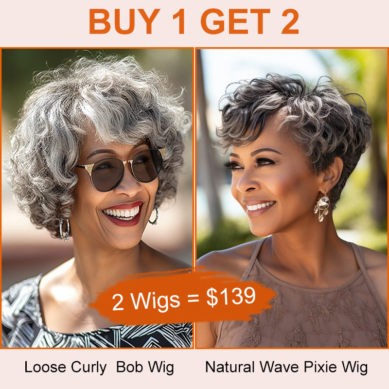 Soul Lady Wigs | BOGO Combo Deal | Salt & Pepper Color Short Glueless Human Hair Wigs For Seniors Over 50